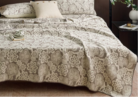 100% Cotton 3-Layer Gauze Summer Cooling Quilt | Breathable Jacquard Bed Cover | Single, Three Quarter & Double