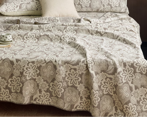 100% Cotton 3-Layer Gauze Summer Cooling Quilt | Breathable Jacquard Bed Cover | Single, Three Quarter & Double