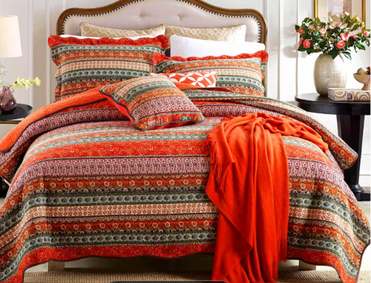 100% Cotton Bohemian Red Reversible Quilted Bedspread | Soft Breathable Bed Cover