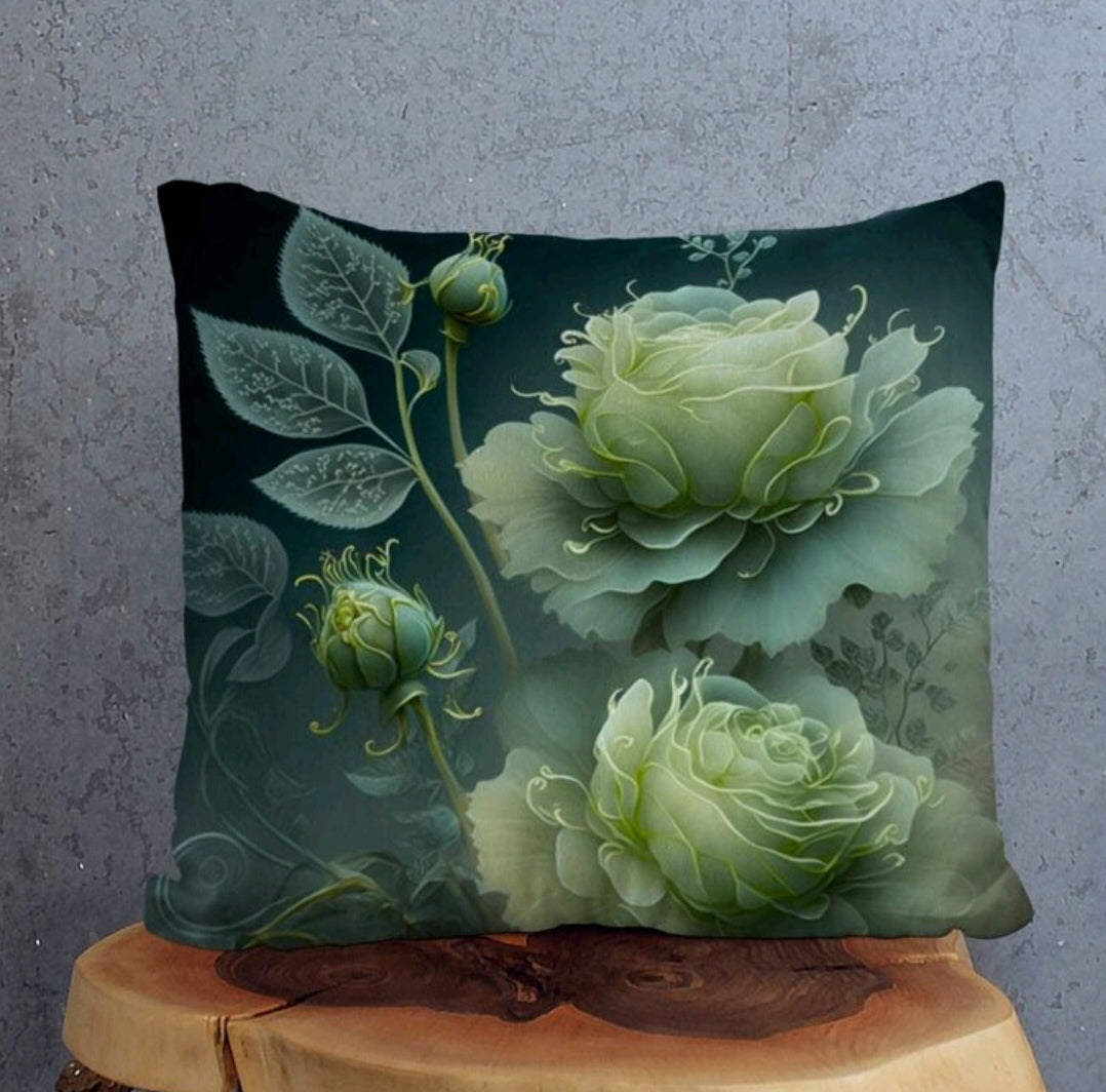 Ethereal Green Rose Floral Cushion Cover – 50×50cm Decorative Pillow Case