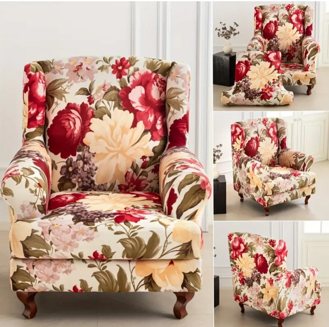 Floral Wingback Armchair Cover – Stretch Slipcover for High Back Chairs (95–110cm)