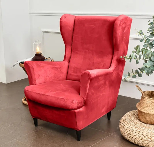 2-Piece Wingback Chair Slipcover – Velvet Stretch Cover (Red / White / Blue)