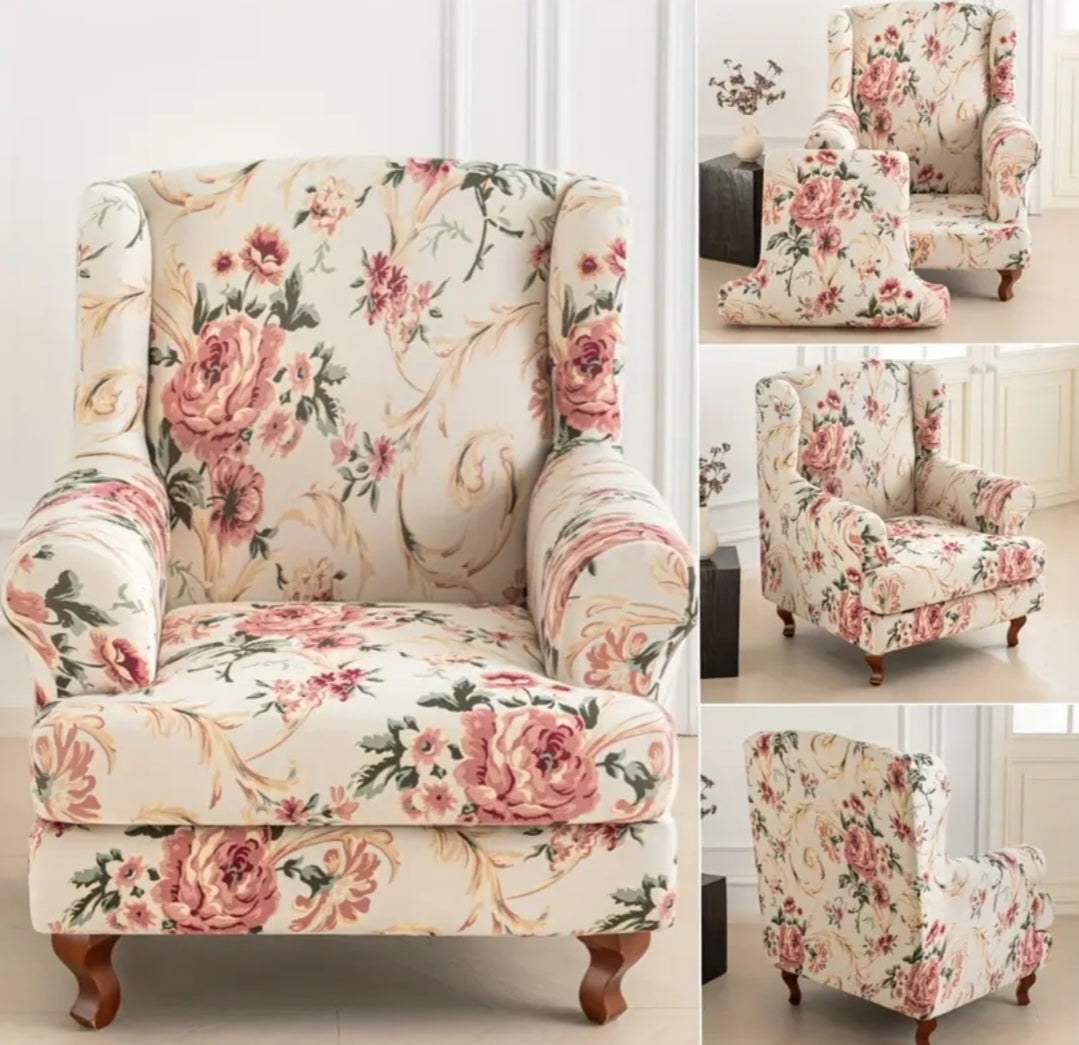 Floral Wingback Armchair Cover – Stretch Slipcover for High Back Chairs (95–110cm)