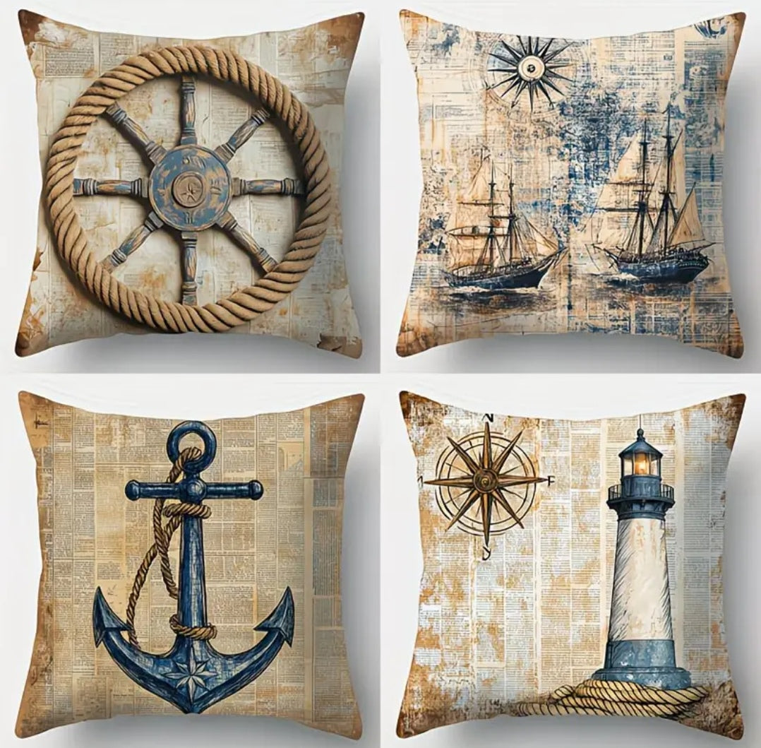 Coastal & Nautical Cushion Covers Set of 4 – Beach, Ocean, Sailboat & Maritime Designs 45x45cm each