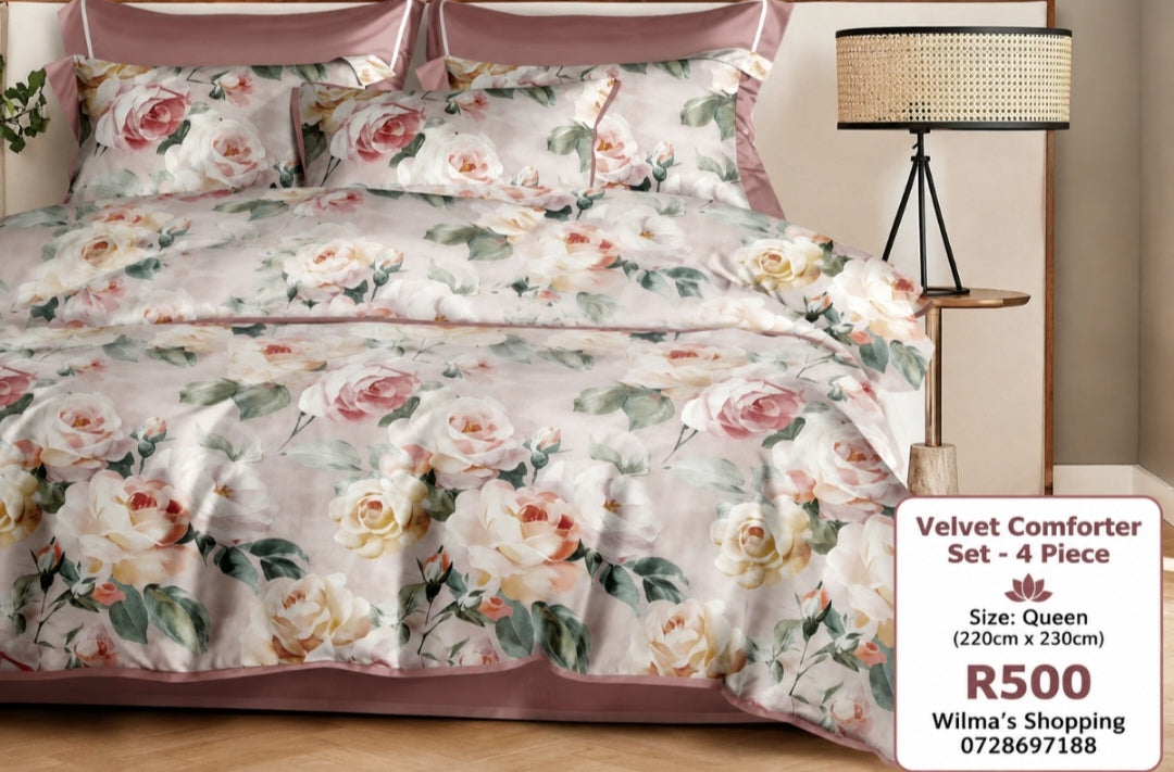 Velvet Floral Comforter Set – 4 Piece Queen Bedding Set (220cm x 230cm)
