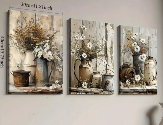 Rustic Floral 3 Piece Unframed Canvas Wall Art Set | Neutral Farmhouse Décor | 30x40cm Each