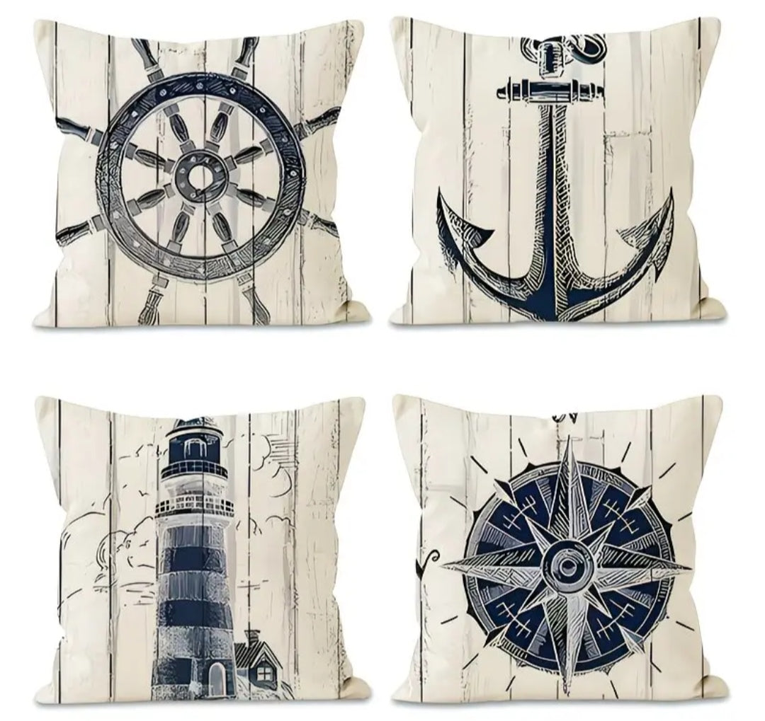 Coastal & Nautical Cushion Covers Set of 4 – Beach, Ocean, Sailboat & Maritime Designs 45x45cm each