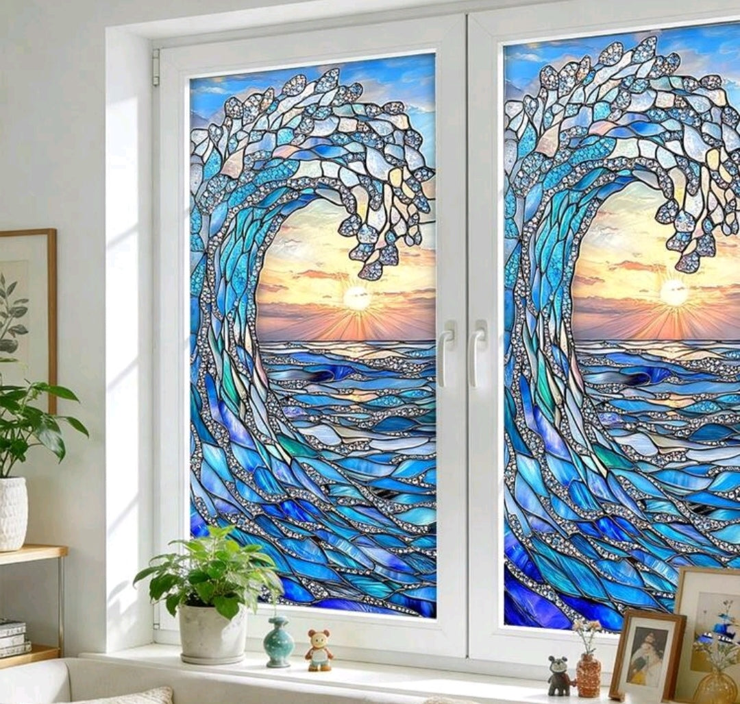 Ocean Stained Glass Window Privacy Film – Coastal Beach, Waves, Lighthouse & Sea Life Decorative Static Cling – 45x100cm