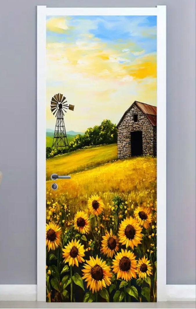 Retro Windmill Door Wrap Wall Decal – Rustic Farmhouse Landscape Peel & Stick PVC Mural (77x200 cm)