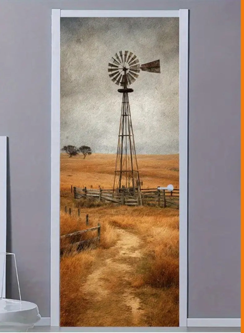 Retro Windmill Door Wrap Wall Decal – Rustic Farmhouse Landscape Peel & Stick PVC Mural (77x200 cm)