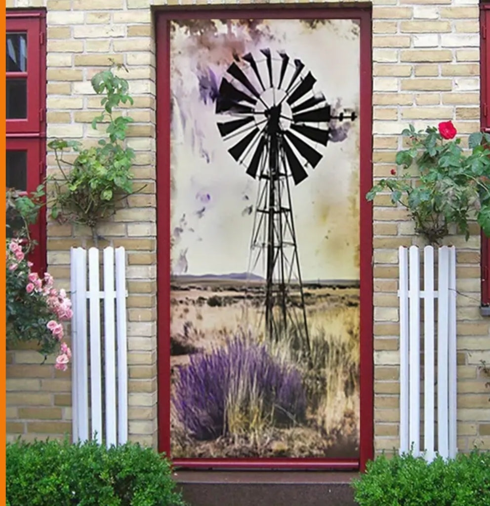 Retro Windmill Door Wrap Wall Decal – Rustic Farmhouse Landscape Peel & Stick PVC Mural (77x200 cm)