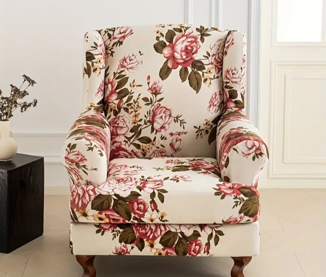 Floral Wingback Armchair Cover – Stretch Slipcover for High Back Chairs (95–110cm)