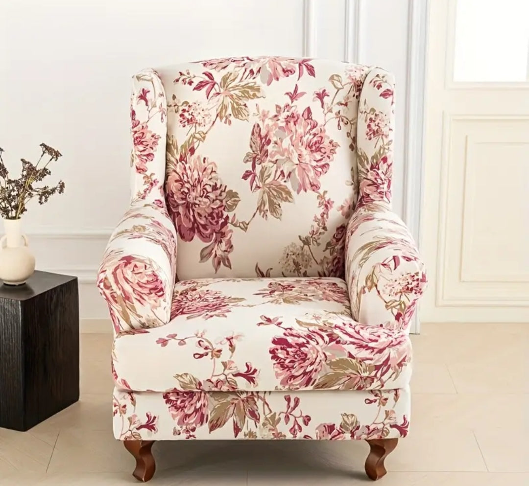Floral Wingback Armchair Cover – Stretch Slipcover for High Back Chairs (95–110cm)