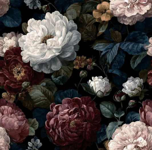 Dark Peony Floral Self-Adhesive Wallpaper | Vintage Luxury Black Floral Wall Covering