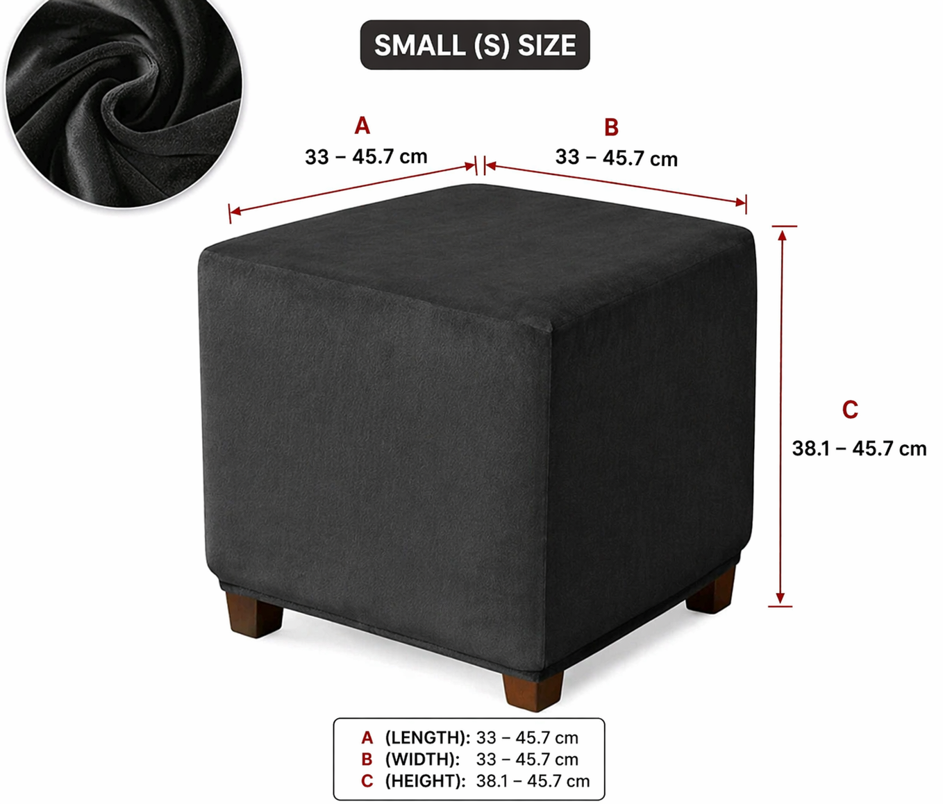 Velour Ottoman Slipcover – Stretch Velvet Footstool Cover (Small, 33–45.7 cm)