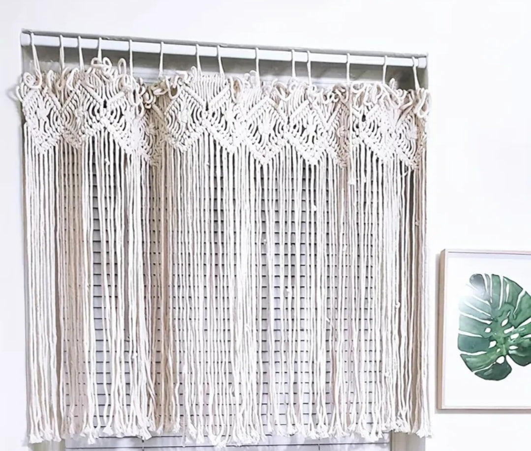 Macrame Valance Curtain Ivory – Bohemian Handwoven Tassel Window or Wall Hanging (95x70cm)