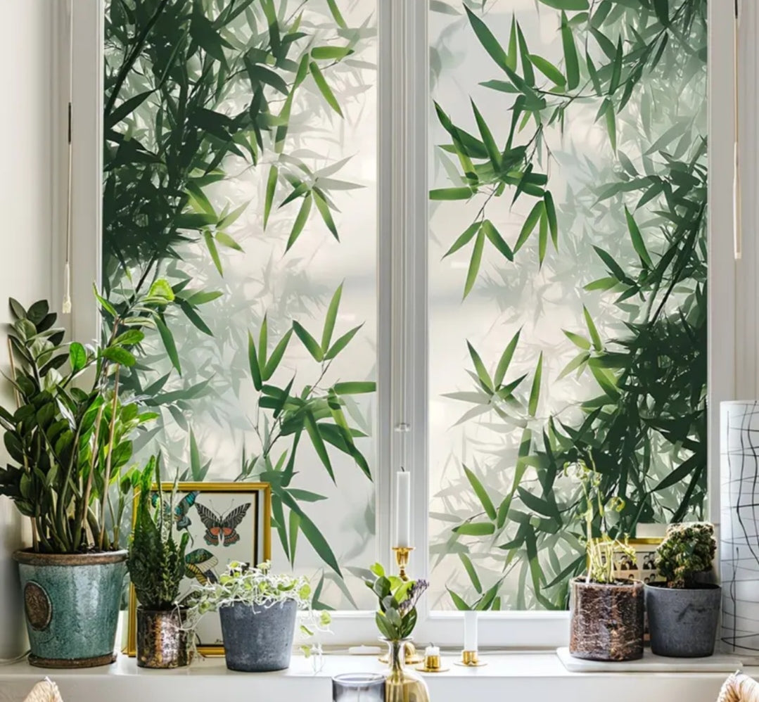 Botanical Window Static Cling – Green Leaf Frosted Privacy Film (45 × 100 cm) | Removable Decorative Glass Sticker