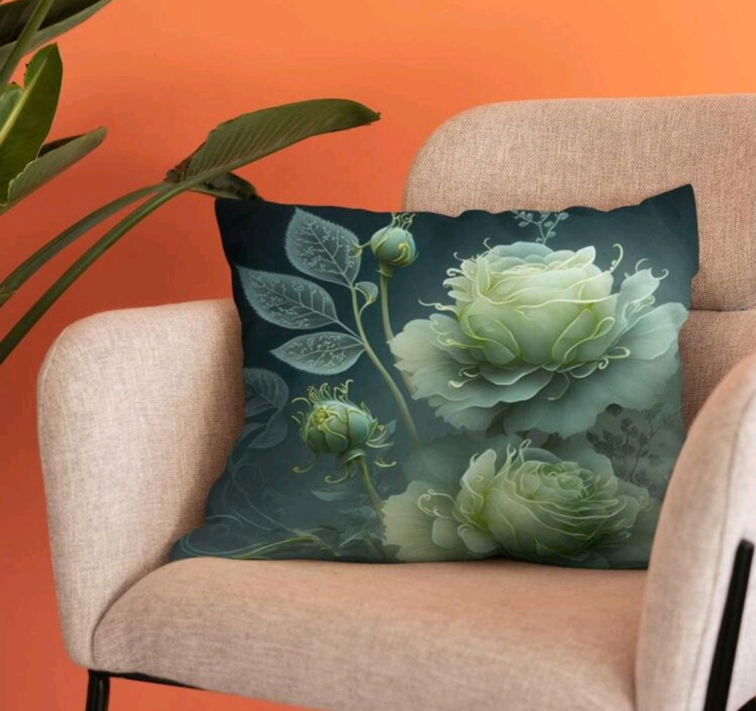 Ethereal Green Rose Floral Cushion Cover – 50×50cm Decorative Pillow Case
