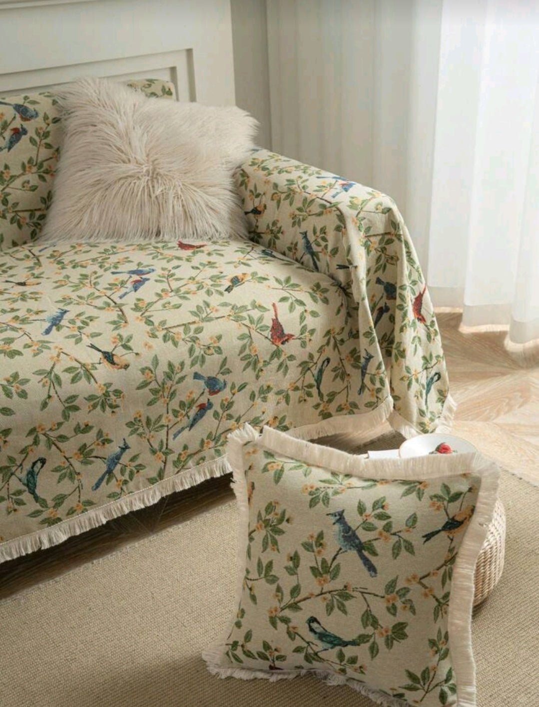 Vintage Farmhouse Jacquard Sofa Cover – Bird & Leaf Pattern, Thick Pet-Friendly Couch Protector