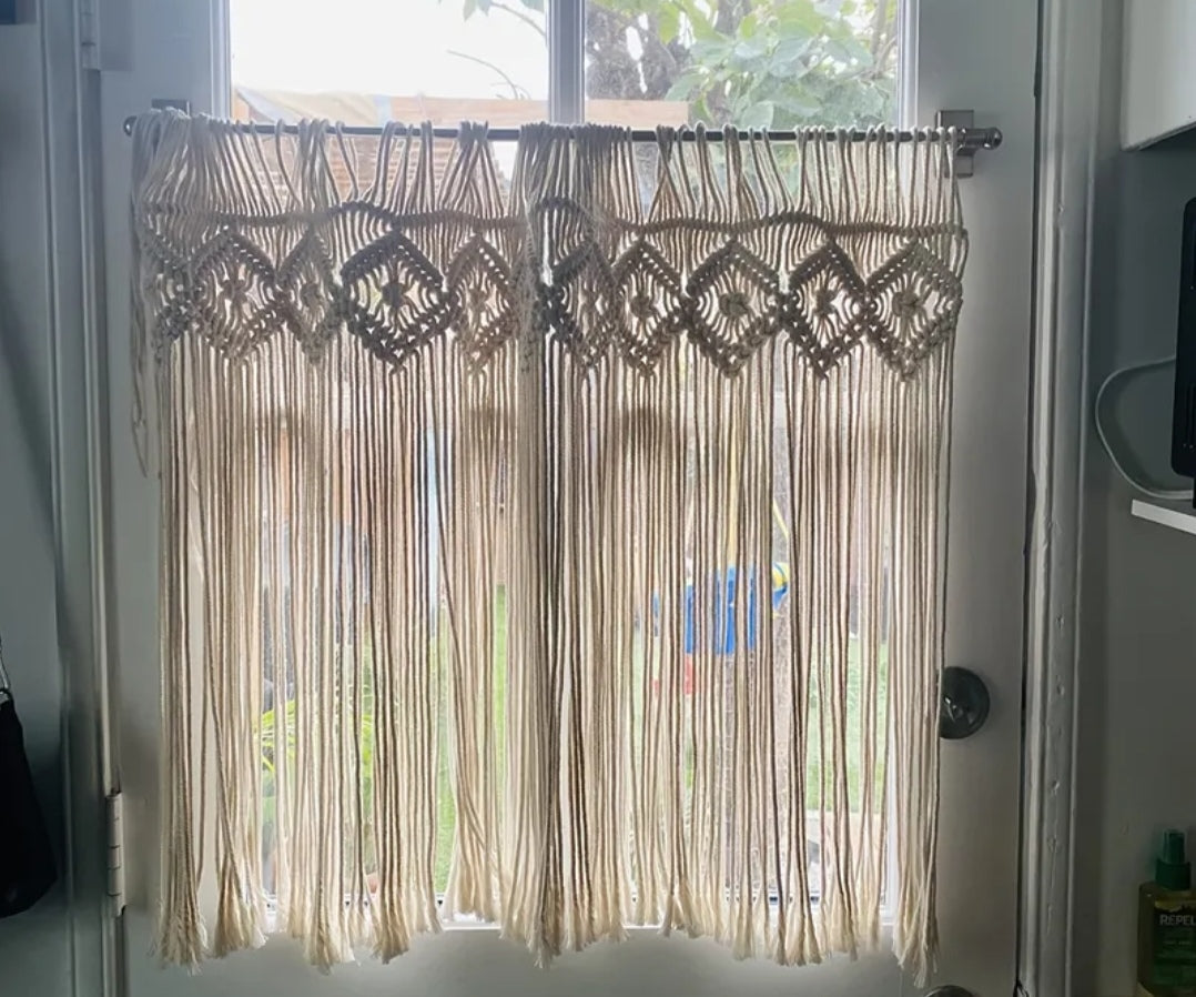 Macrame Valance Curtain Ivory – Bohemian Handwoven Tassel Window or Wall Hanging (95x70cm)