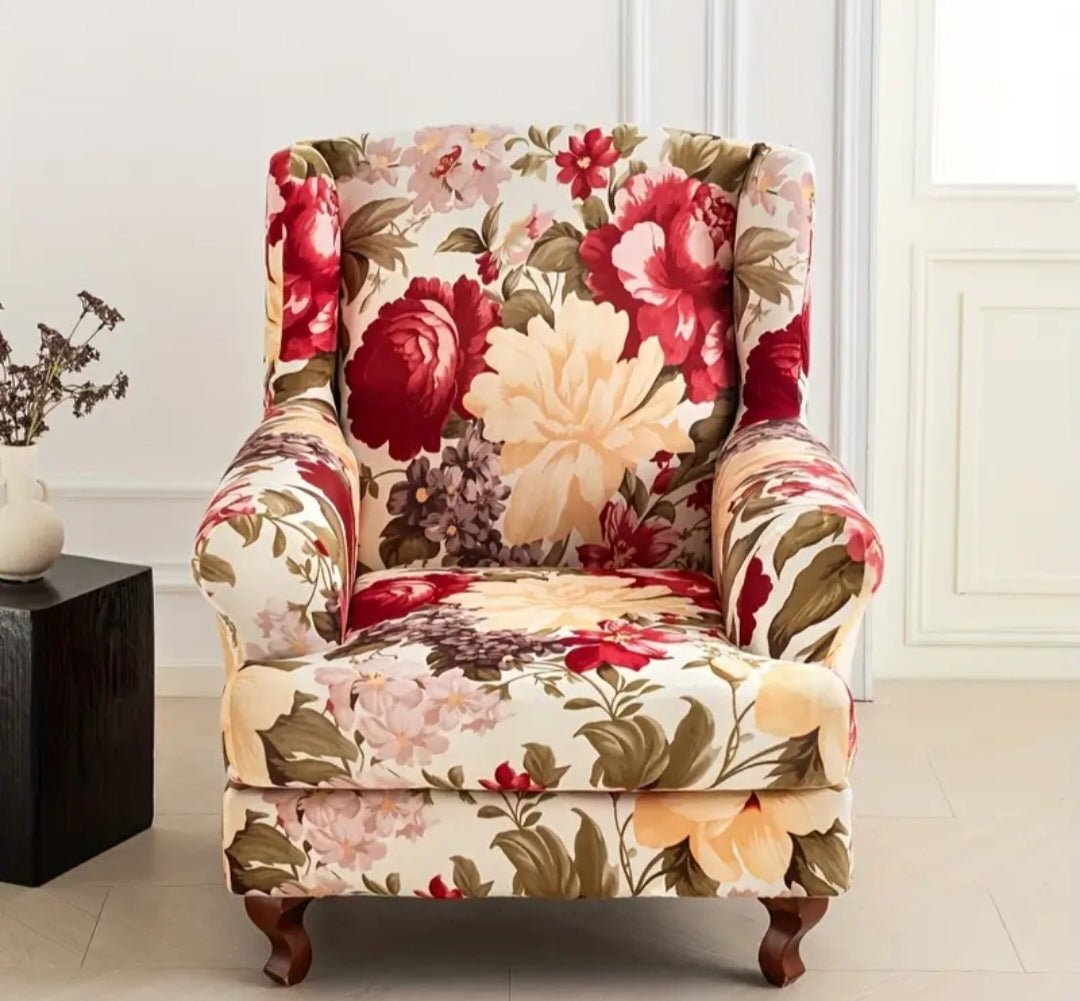 Floral Wingback Armchair Cover – Stretch Slipcover for High Back Chairs (95–110cm)