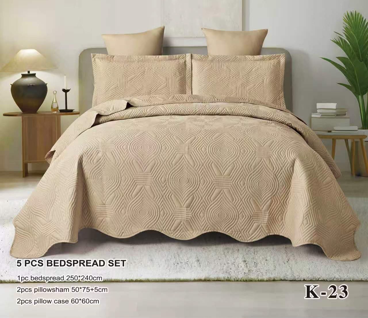 5 Piece Embossed Bedspread Set | Luxury Geometric Quilt Set with Pillow Shams & Cushion Covers