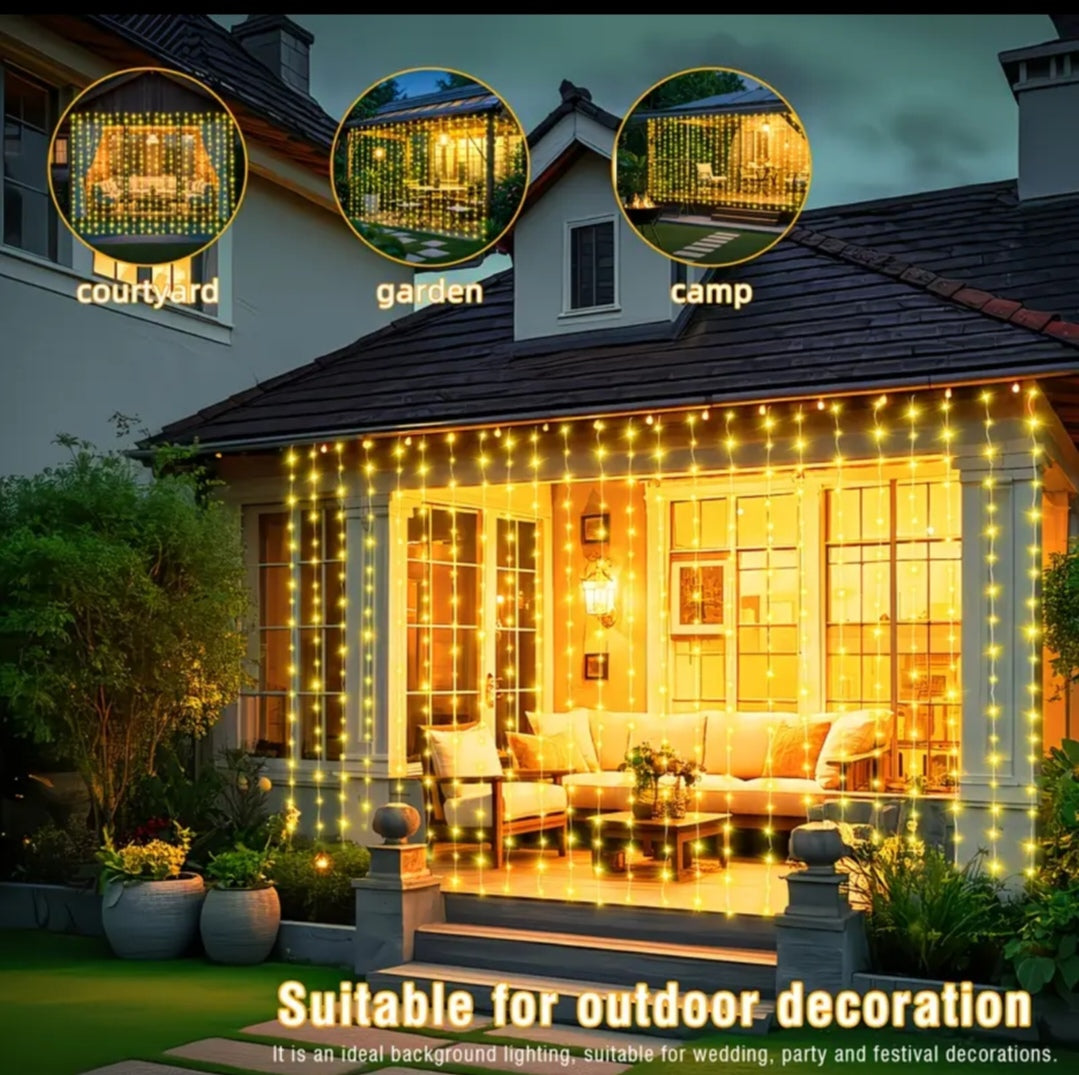 Solar Curtain String Lights Outdoor – LED Waterproof Fairy Lights with 12 Modes for Garden, Patio, Balcony & Events