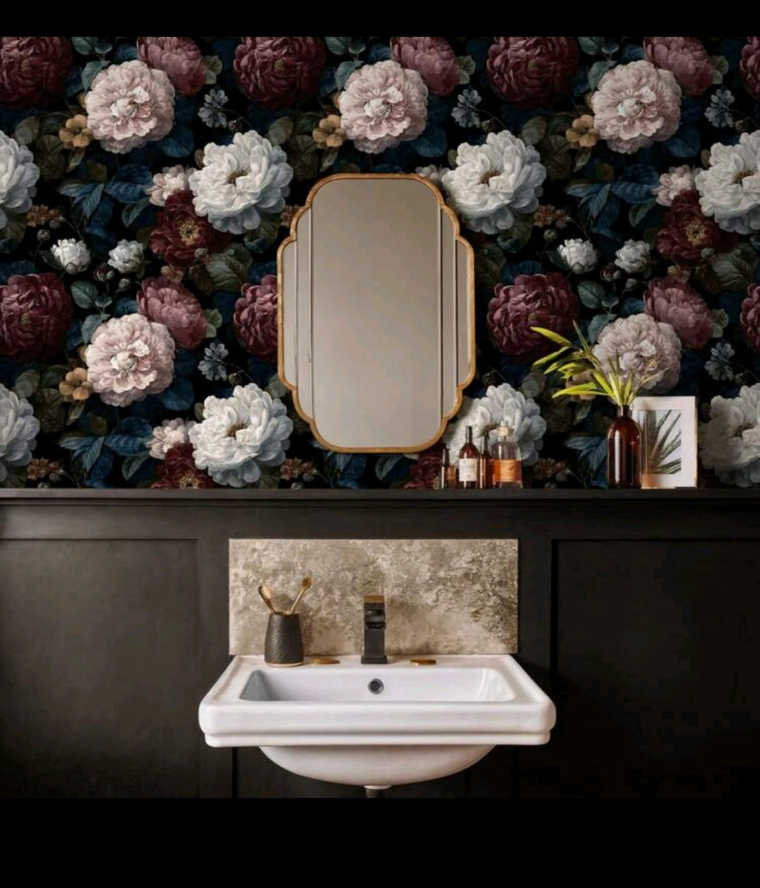 Dark Peony Floral Self-Adhesive Wallpaper | Vintage Luxury Black Floral Wall Covering