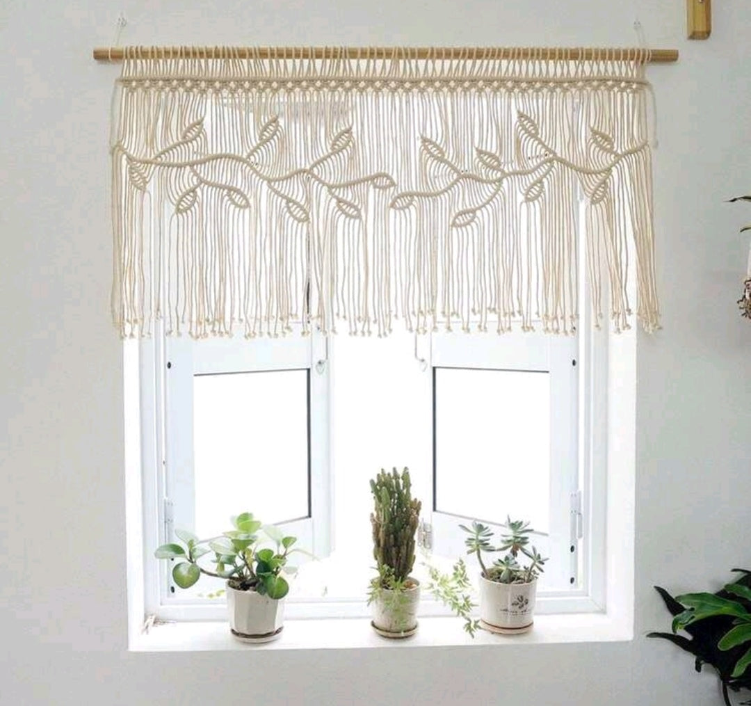 Boho Macrame Wall Hanging Tapestry – Handwoven Leaf Design Fringe Decor, Large Ivory Fiber Art for Living Room, Bedroom & Curtain Backdrop