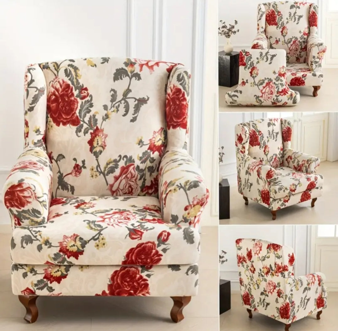 Floral Wingback Armchair Cover – Stretch Slipcover for High Back Chairs (95–110cm)