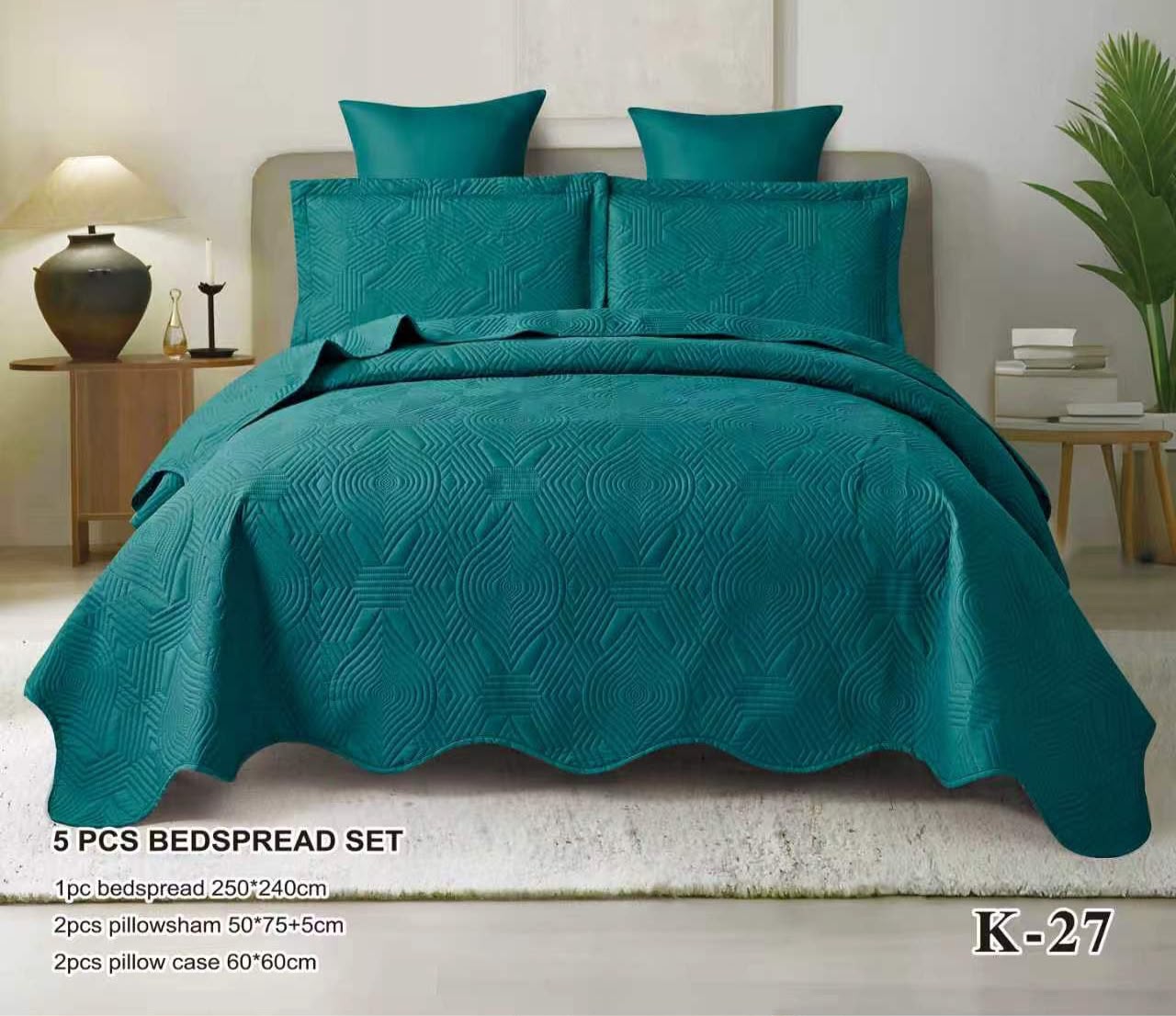 5 Piece Embossed Bedspread Set | Luxury Geometric Quilt Set with Pillow Shams & Cushion Covers