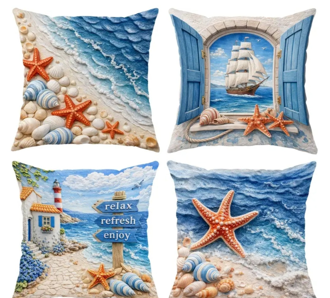 Coastal & Nautical Cushion Covers Set of 4 – Beach, Ocean, Sailboat & Maritime Designs 45x45cm each