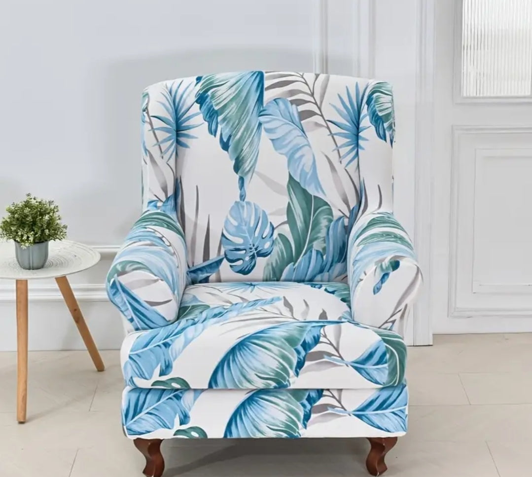 Stretch Wingback Chair Cover – Tropical Leaf Print, Universal Fit Slipcover, Machine Washable