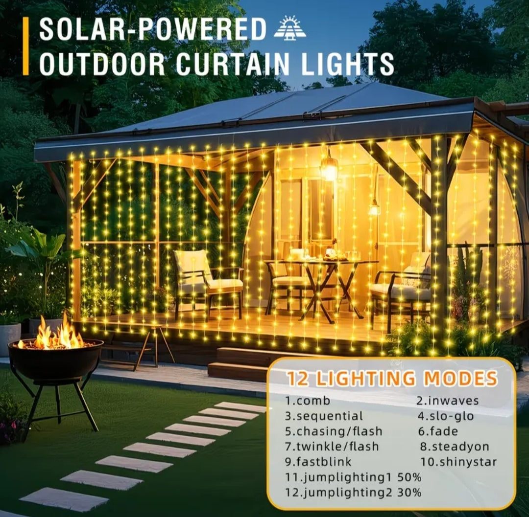 Solar Curtain String Lights Outdoor – LED Waterproof Fairy Lights with 12 Modes for Garden, Patio, Balcony & Events