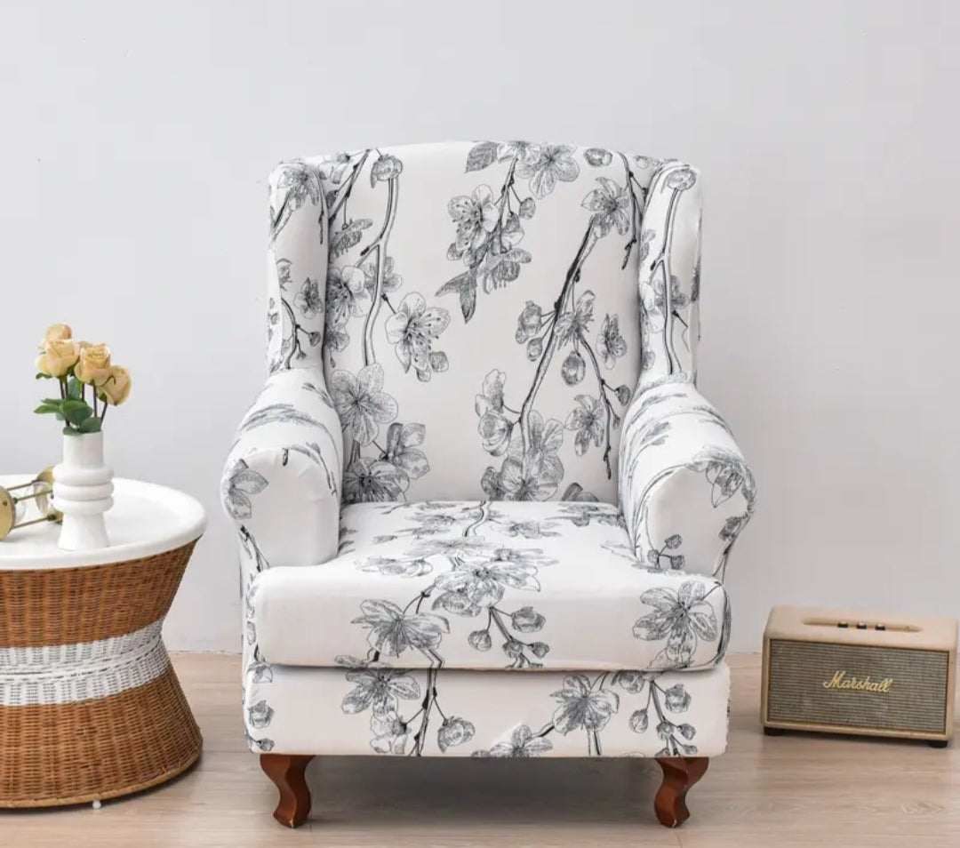 Stretch Floral Wingback Armchair Cover – Soft Cream with Black Floral Pattern (2-Piece Elastic Slipcover)