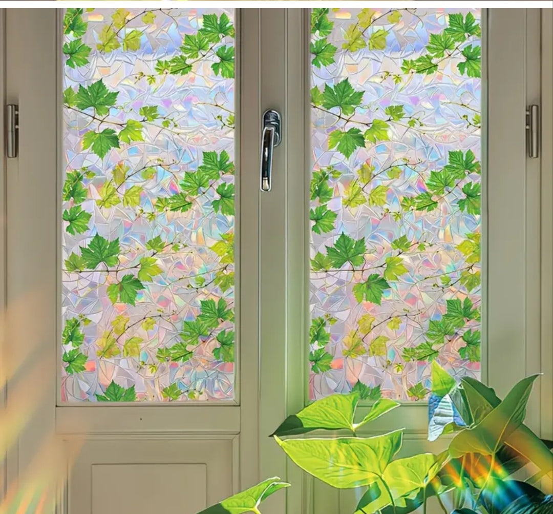 Botanical Window Static Cling – Green Leaf Frosted Privacy Film (45 × 100 cm) | Removable Decorative Glass Sticker