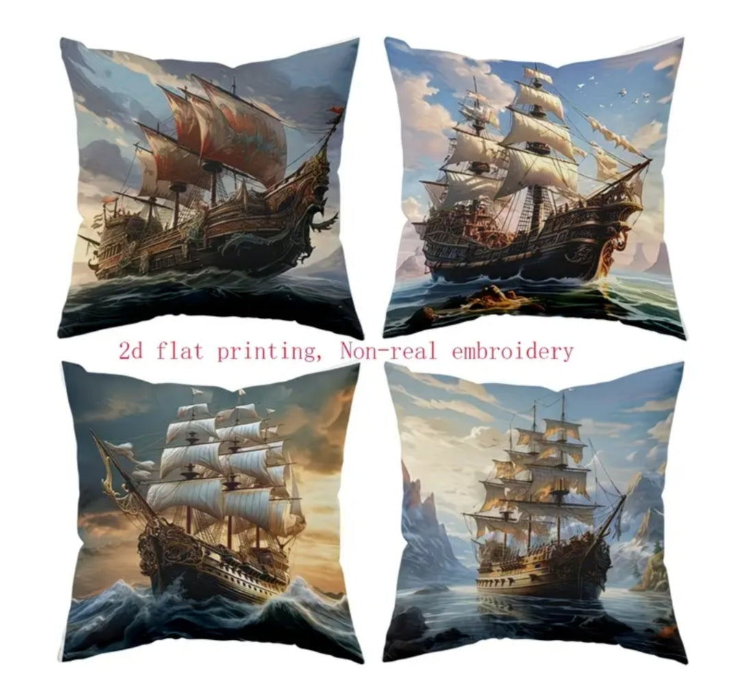 Coastal & Nautical Cushion Covers Set of 4 – Beach, Ocean, Sailboat & Maritime Designs 45x45cm each