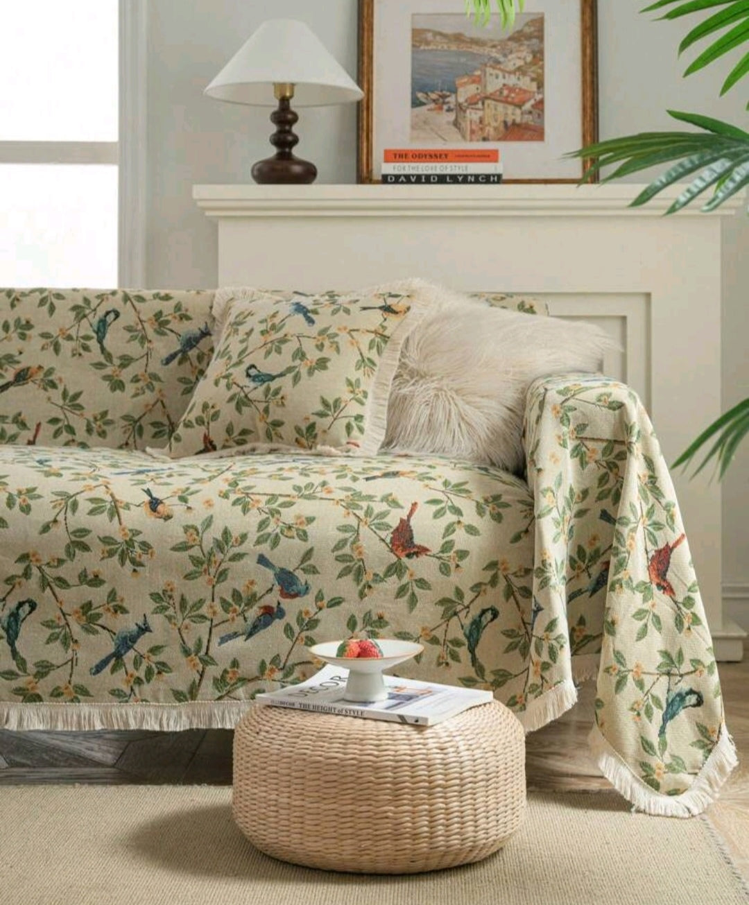Vintage Farmhouse Jacquard Sofa Cover – Bird & Leaf Pattern, Thick Pet-Friendly Couch Protector