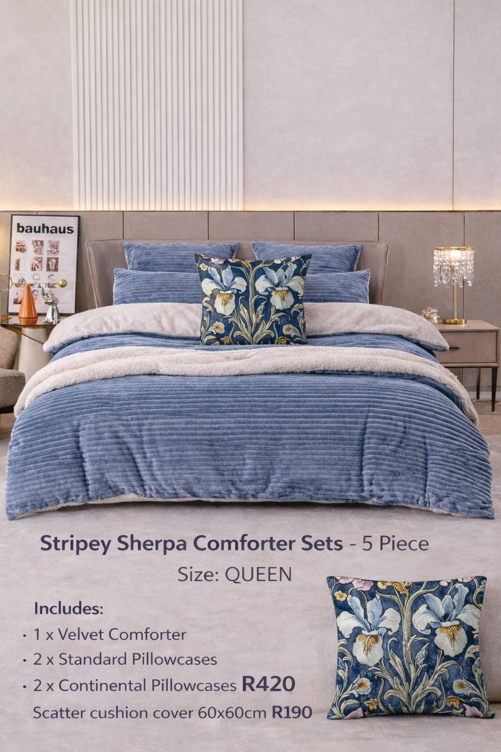 Stripey Sherpa Comforter Set – 5 Piece (Queen Size)