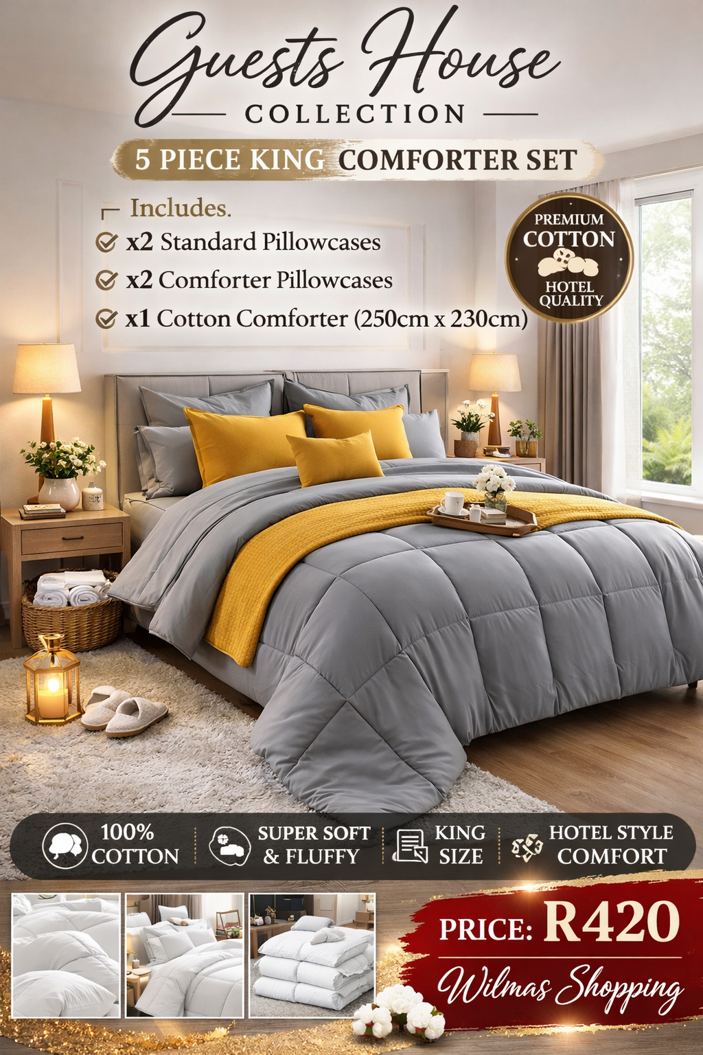 Guests House Collection – 5 Piece King Comforter Set (100% Cotton) – Grey | Hotel Quality Bedding