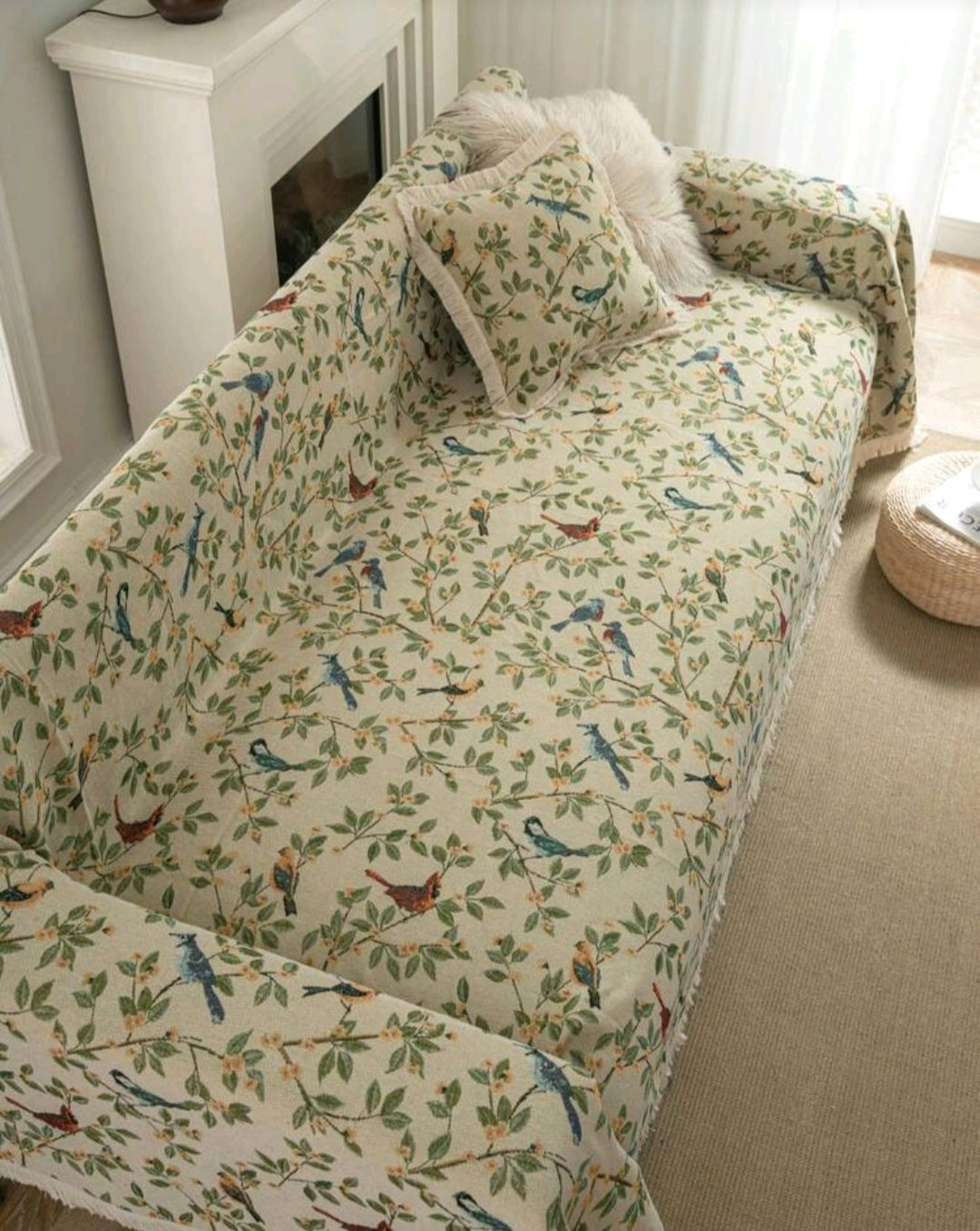 Vintage Farmhouse Jacquard Sofa Cover – Bird & Leaf Pattern, Thick Pet-Friendly Couch Protector