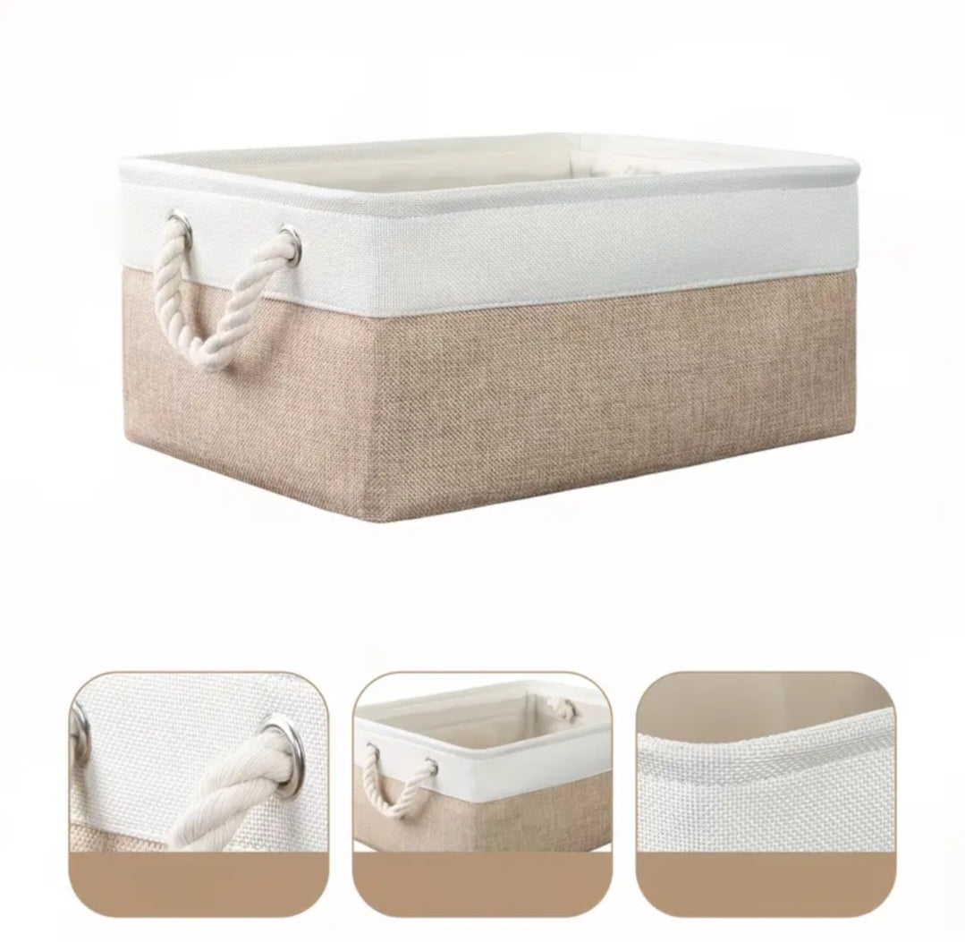 Foldable Linen Storage Basket with Rope Handles | Beige Fabric Organiser Basket | 34 x 23 x 17cm