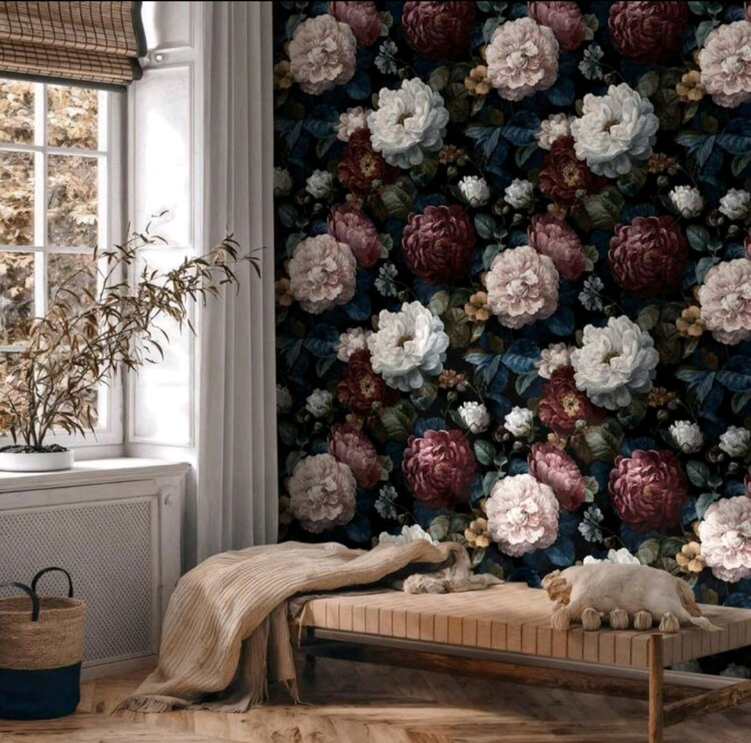 Dark Peony Floral Self-Adhesive Wallpaper | Vintage Luxury Black Floral Wall Covering