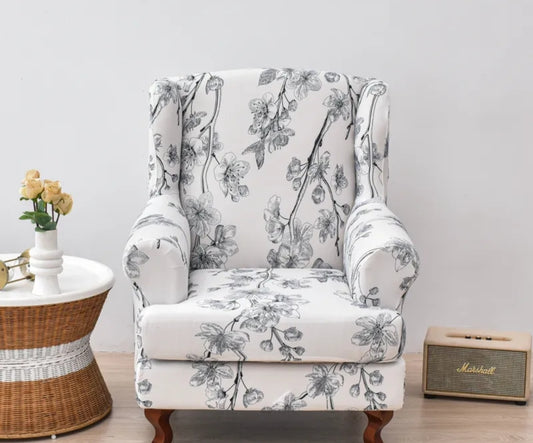 Stretch Floral Wingback Armchair Cover – Soft Cream with Black Floral Pattern (2-Piece Elastic Slipcover)