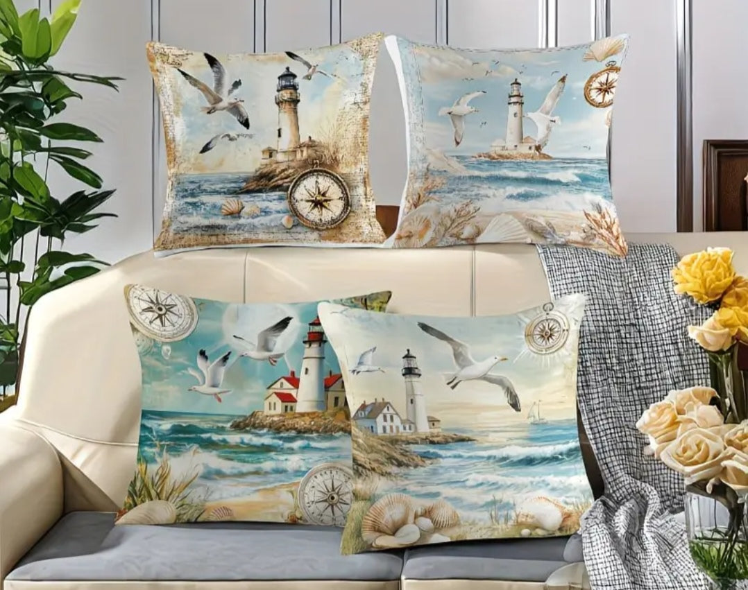 Coastal & Nautical Cushion Covers Set of 4 – Beach, Ocean, Sailboat & Maritime Designs 45x45cm each