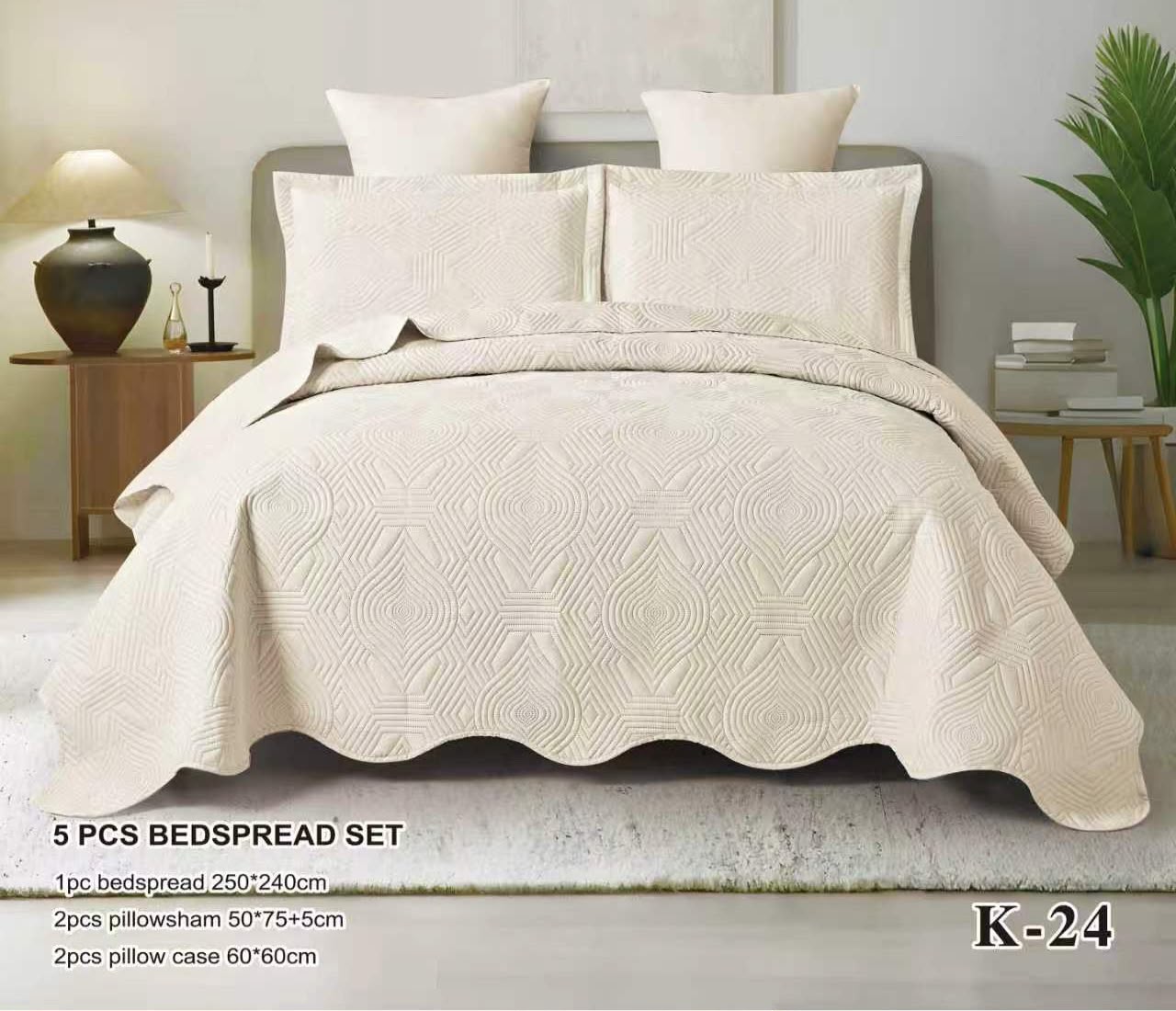 5 Piece Embossed Bedspread Set | Luxury Geometric Quilt Set with Pillow Shams & Cushion Covers