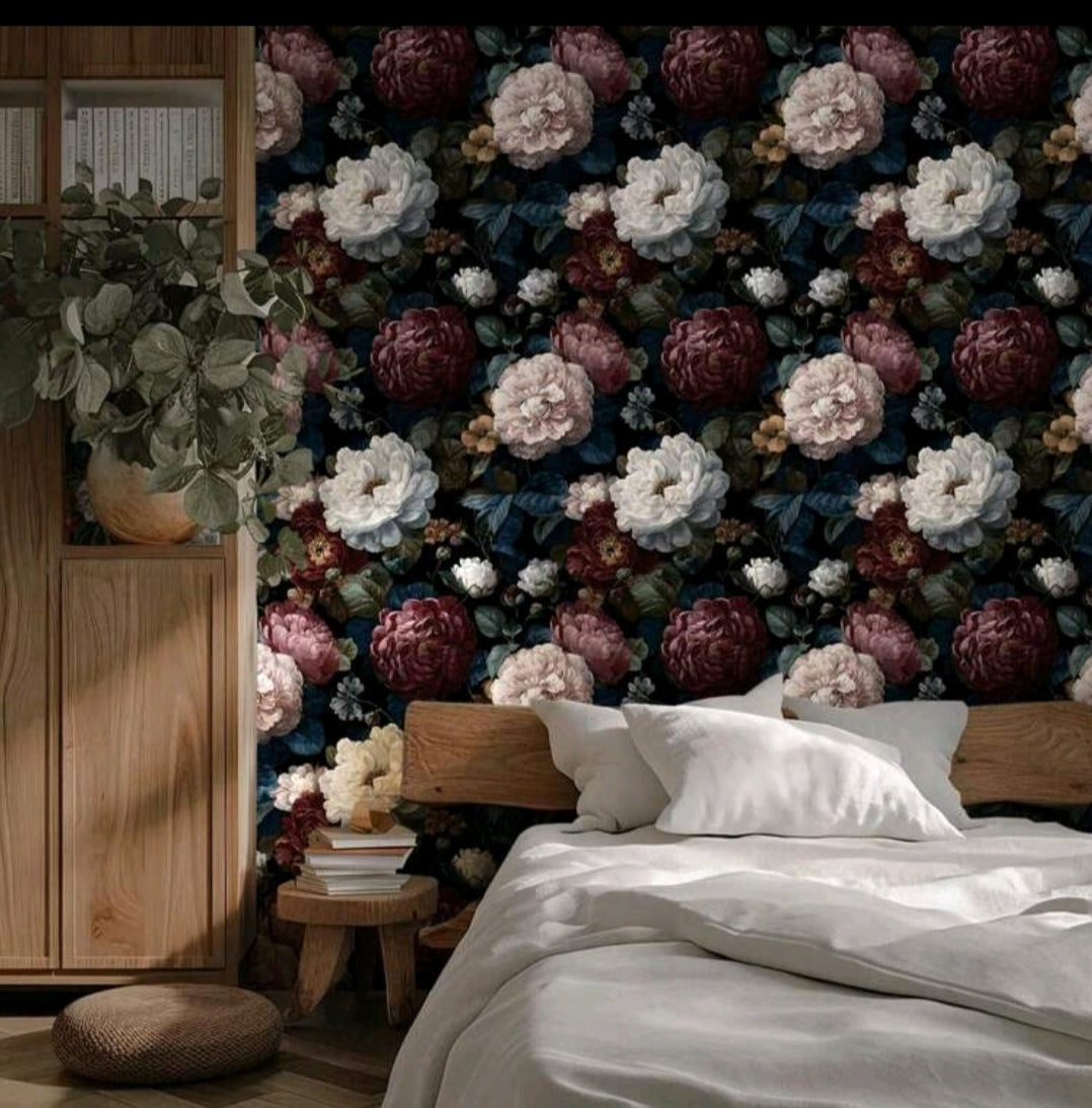 Dark Peony Floral Self-Adhesive Wallpaper | Vintage Luxury Black Floral Wall Covering