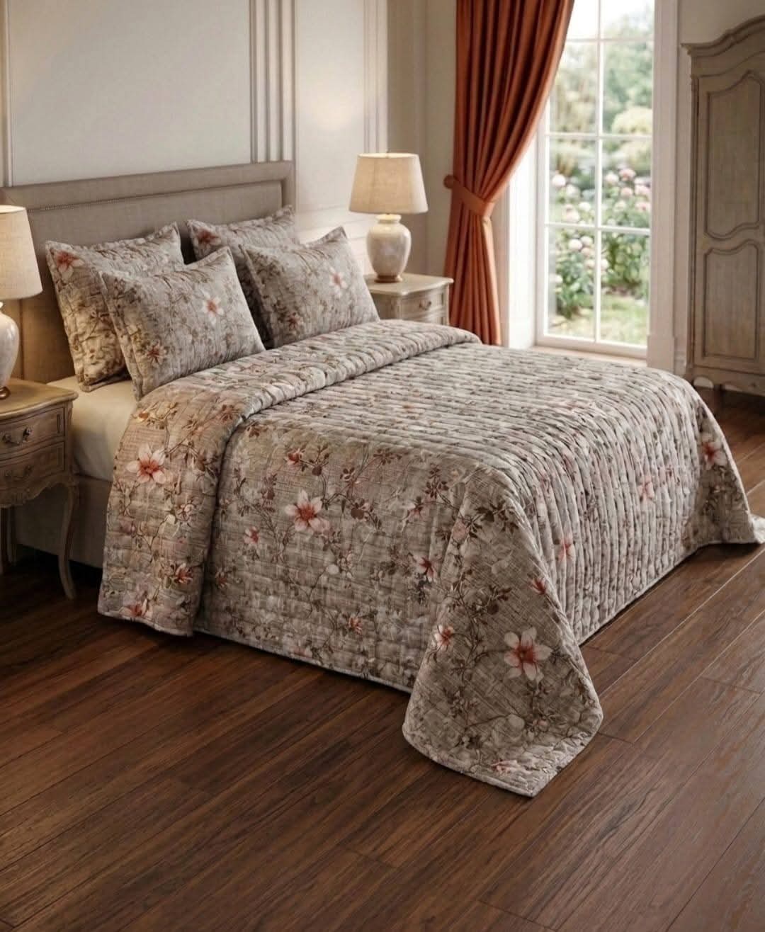 Luxury 5-Piece Cotton Bedspread Set with Floral Print – King Size Bedding Set with Pillowcases