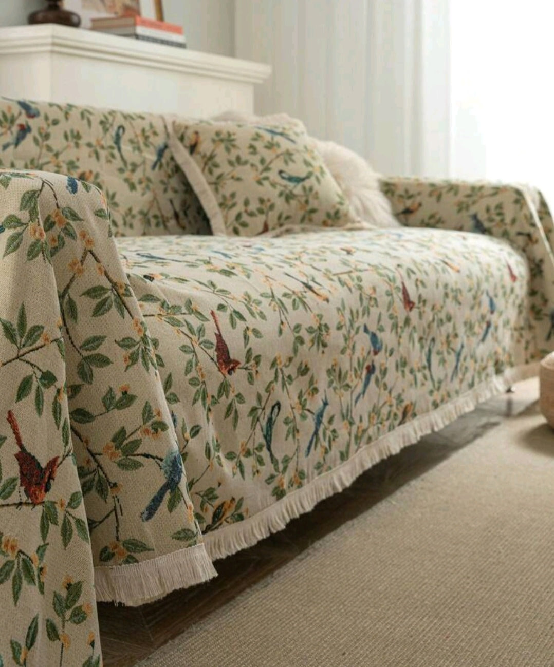 Vintage Farmhouse Jacquard Sofa Cover – Bird & Leaf Pattern, Thick Pet-Friendly Couch Protector