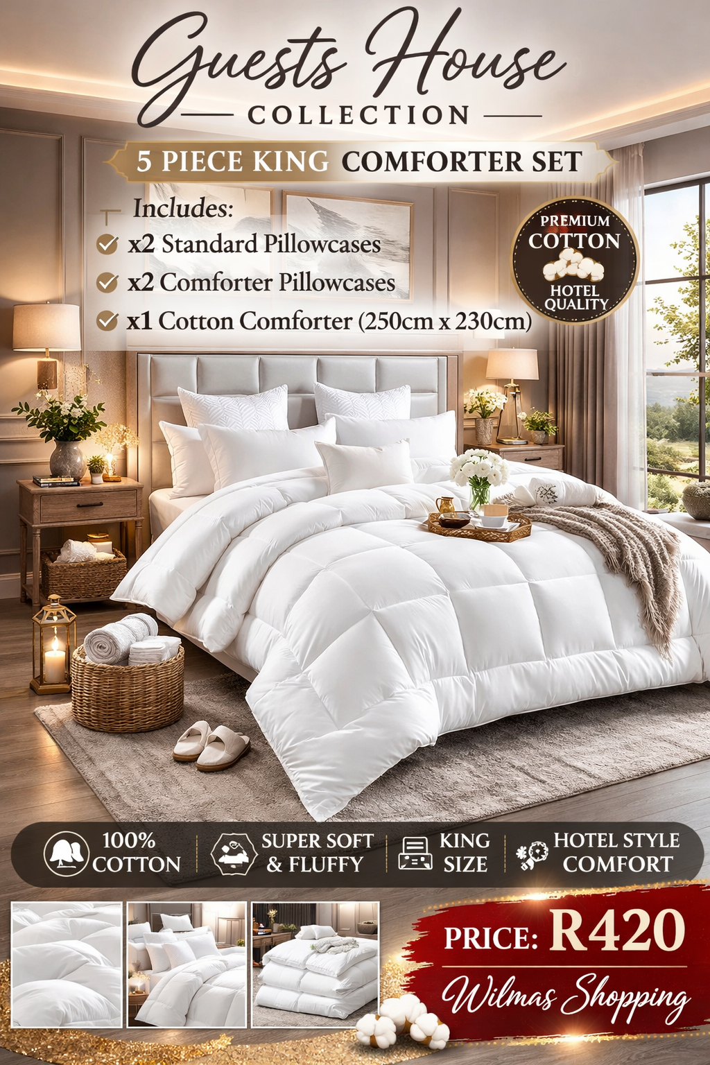 Guests House Collection – 5 Piece King Comforter Set (100% Cotton) – Grey | Hotel Quality Bedding